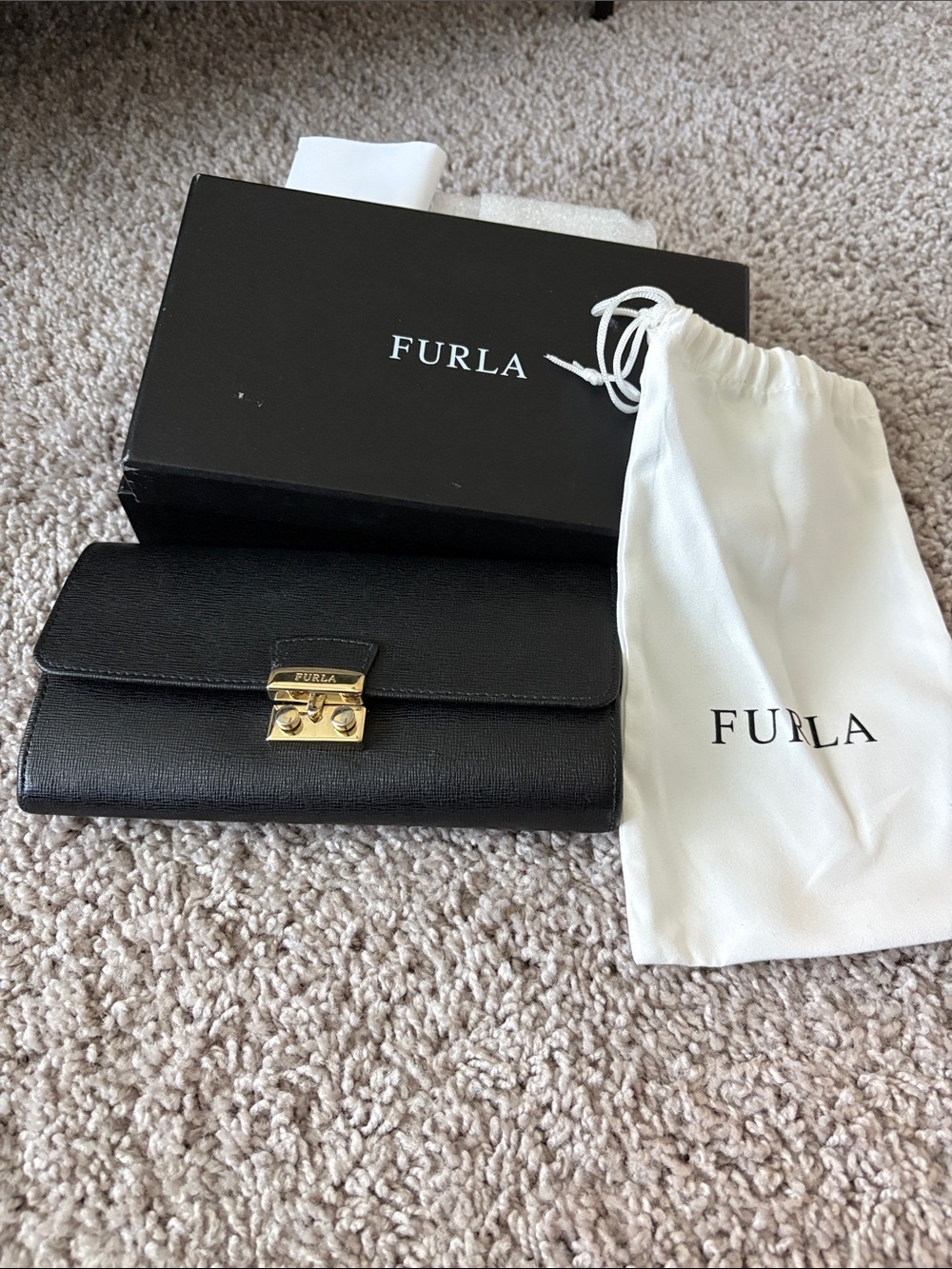 Furla Black Saffiano Leather Continental Wallet with Gold Push-Lock